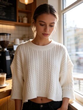 Altar’d State Ivory Cable Knit Cropped Sweater Boho Cozy M